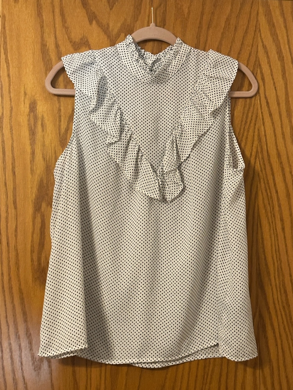 Who What Where Sleeveless Polka Dot Ruffle Mock-Neck Top - White/Black - Size L